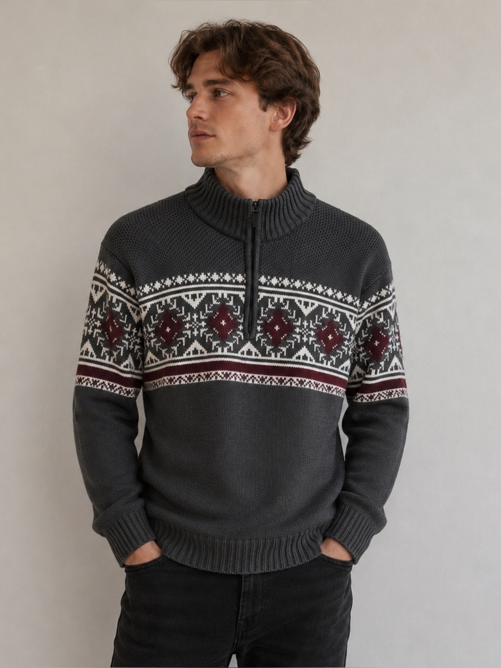 IZOD High Neck quarter Zip Heavy Skiing Sweater
With Snow Motif XL
